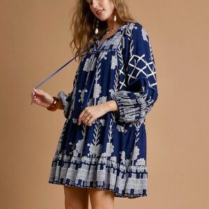 🩵 Hello Gorgeous! Umgee Tribal Print Dress with Tie Neck - Navy